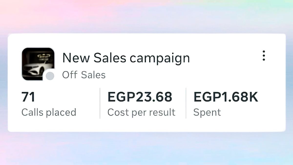 Mercedes E200 Meta Ads campaign showing 71 calls at EGP 23.68 per result