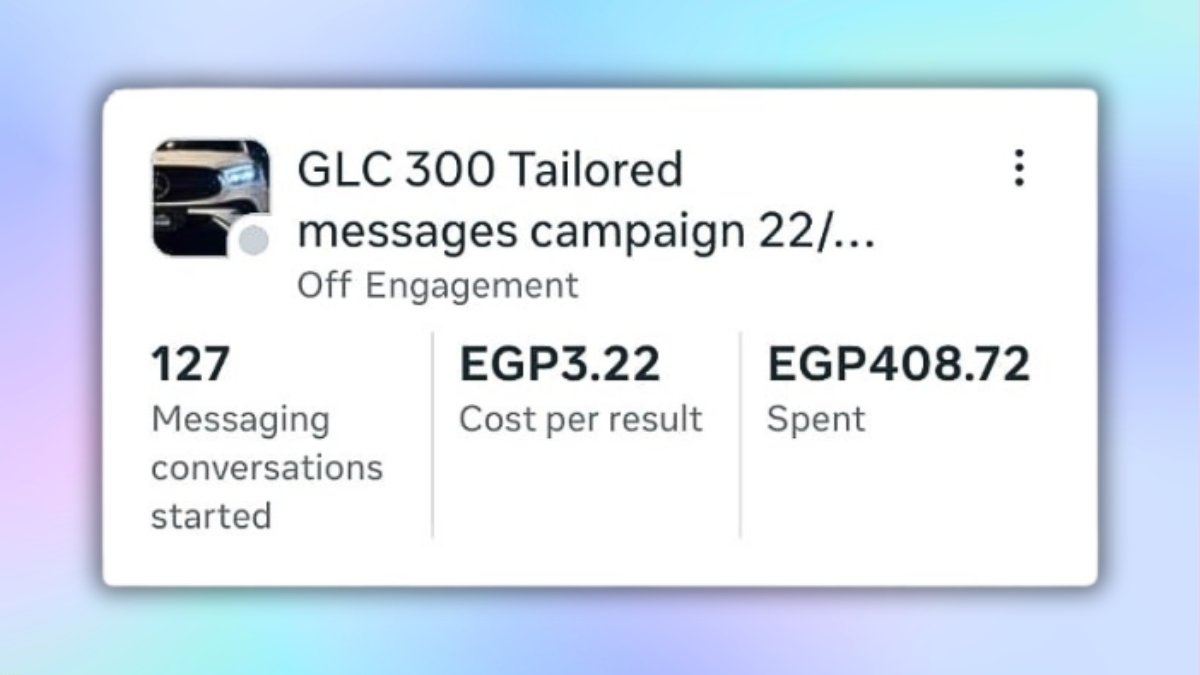 Mercedes GLC 300 Meta Ads campaign showing 127 messaging conversations at EGP 3.22 per result