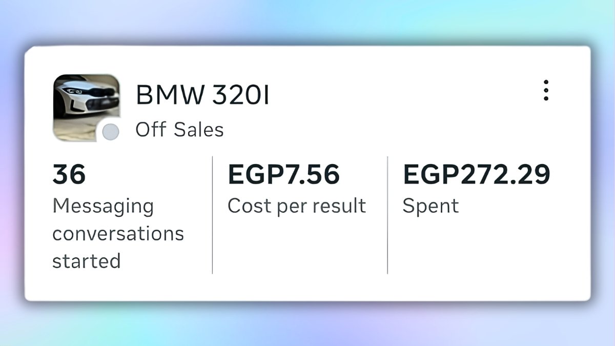 BMW 320i Meta Ads campaign showing 36 messaging conversations at EGP 7.56 per result
