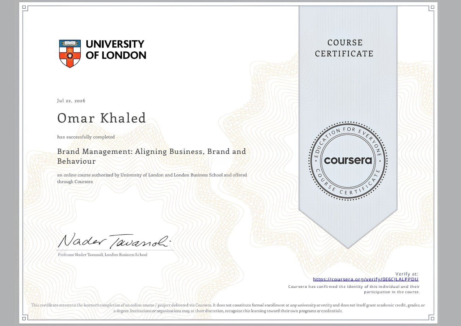 Brand Management: Aligning Business, Brand and Behaviour certificate – University of London