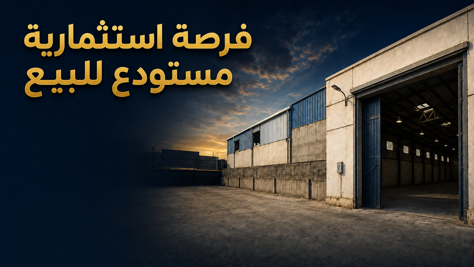 Industrial property case study banner showing a warehouse for sale with Arabic headline and key property details in a wide homepage poster format.