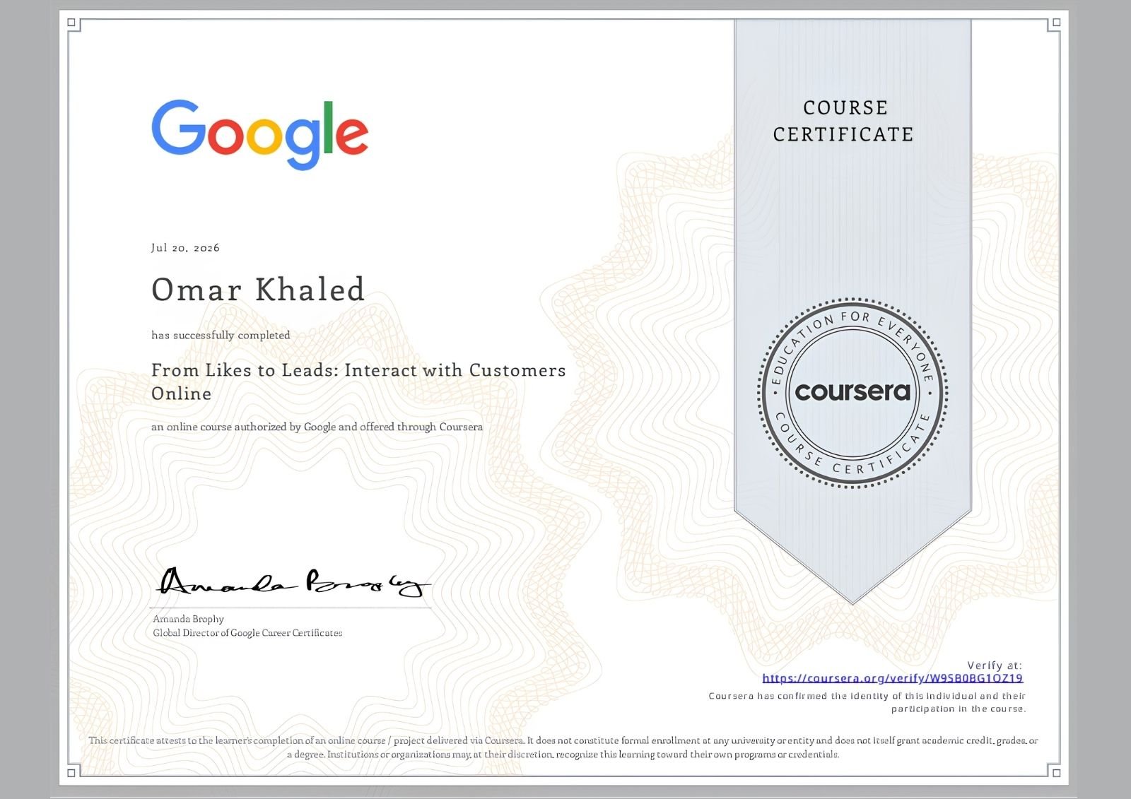 From Likes to Leads: Interact with Customers Online certificate – Google