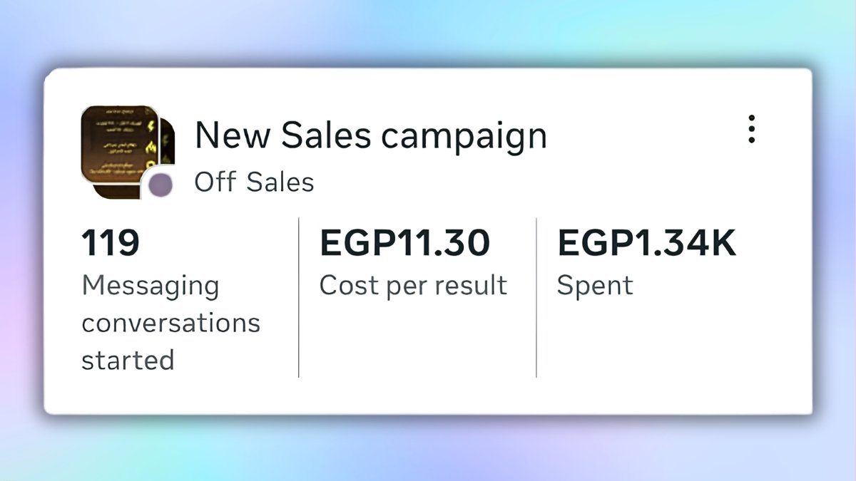 Meta sales campaign results for an industrial property showing 119 messaging conversations, EGP 11.30 cost per result, and EGP 1.34K spent.