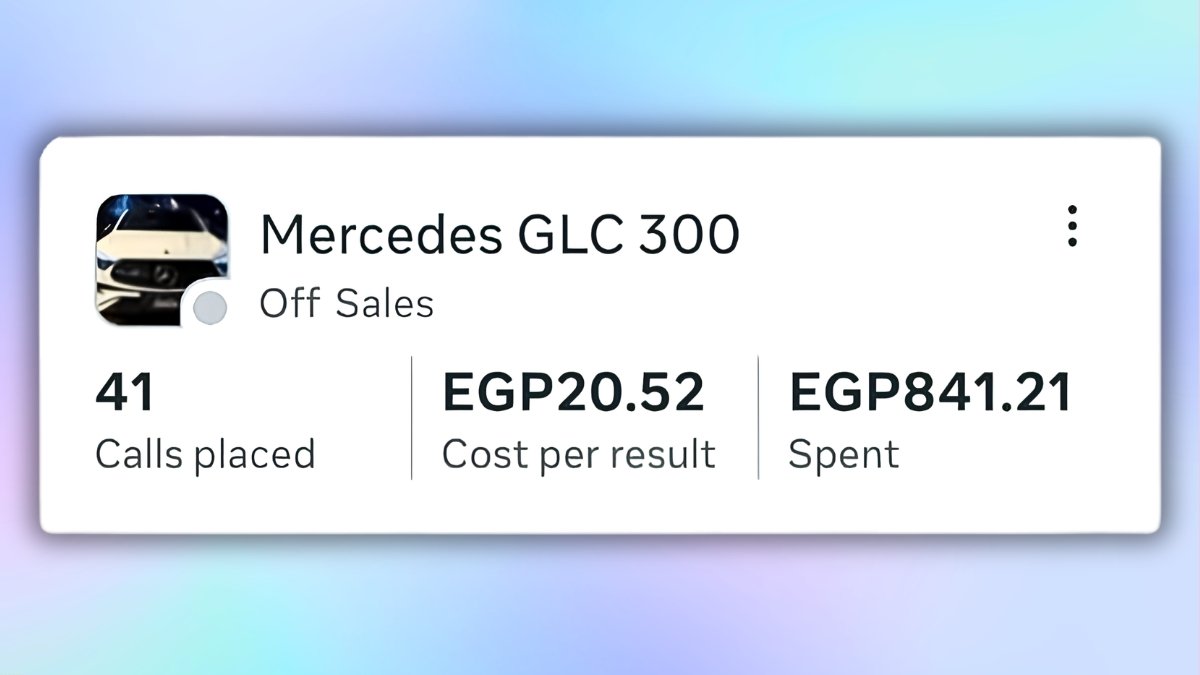 Mercedes GLC 300 Meta Ads campaign showing 41 calls at EGP 20.52 per result
