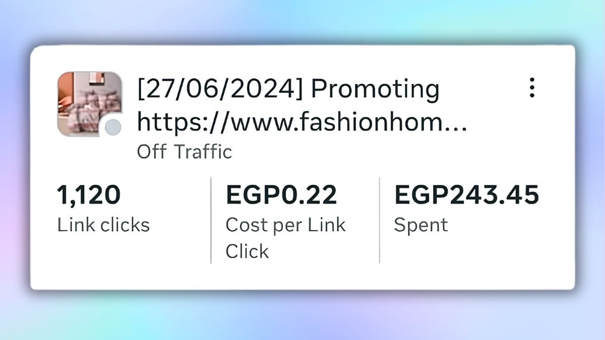 Fashion Home Meta Ads results showing 1,120 link clicks at EGP 0.22 per click and 184 messaging conversations at EGP 3.11 per conversation
