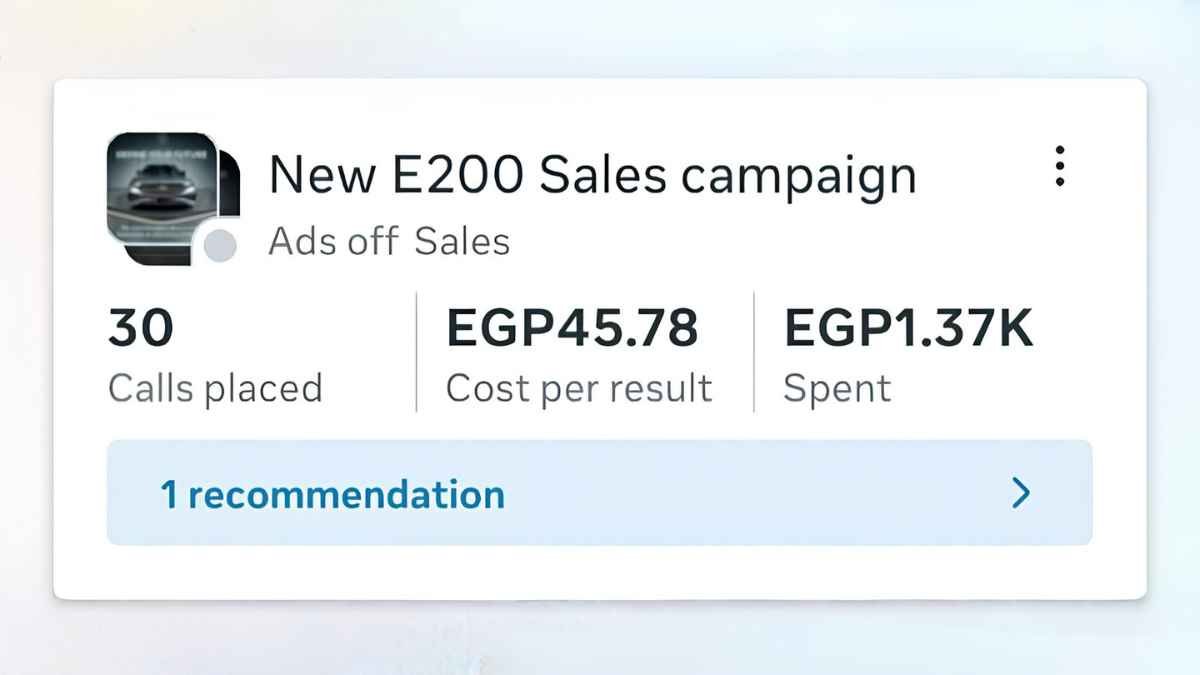 Meta campaign results showing 30 direct calls for a Mercedes E200 sales campaign