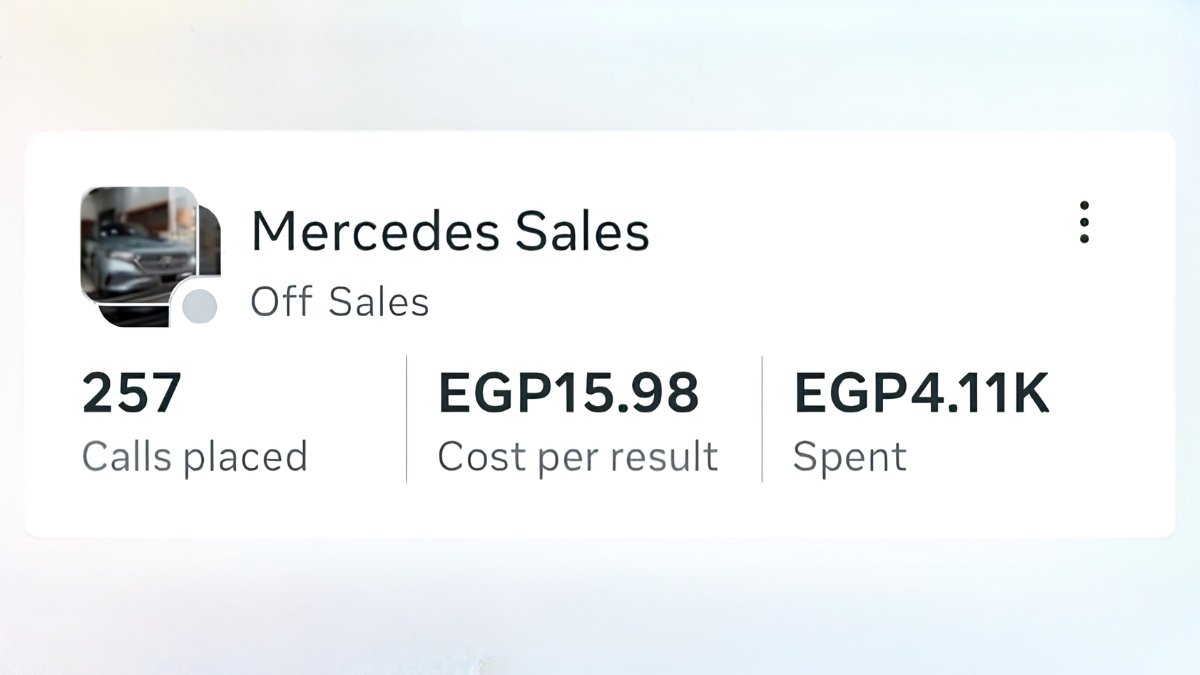 Meta campaign results showing 257 direct calls for a Mercedes E200 sales campaign