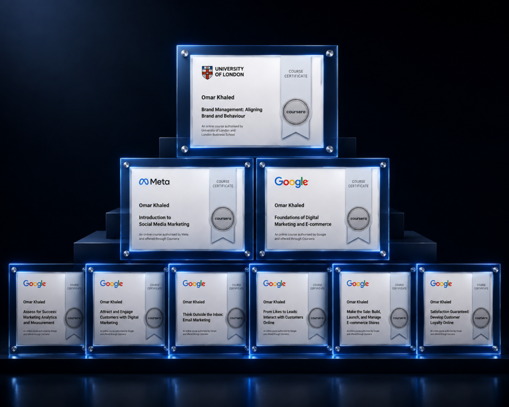 Omar Khaled professional certifications from Google, Meta, Coursera, and University of London