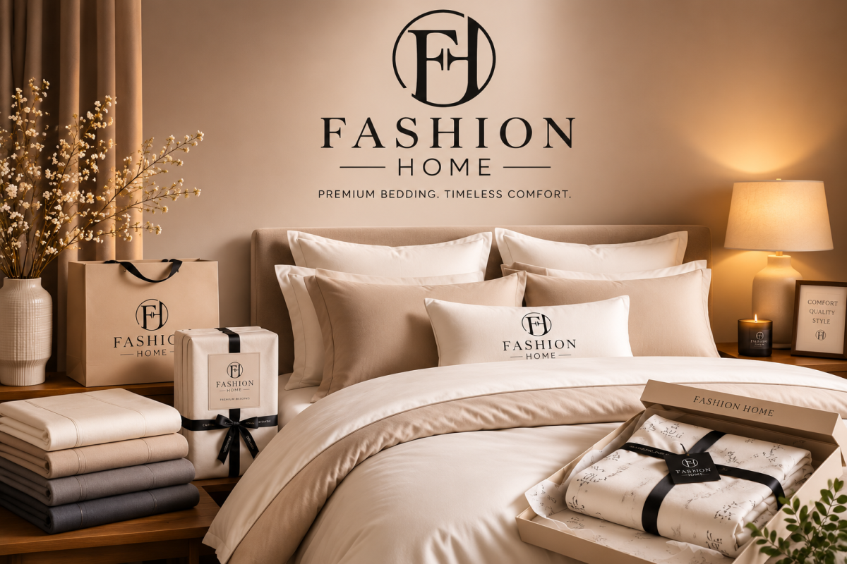 Luxury bedroom interior featuring Fashion Home premium bedding, elegant pillows, duvet cover, branded packaging, and a warm modern design.